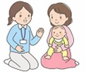 赤ちゃんを膝の上に抱っこしているお母さんと保健師の方が話をしている様子のイラスト