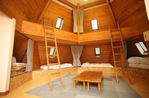 木でできた2キャビンに2階のベッドに行けるように2つのはしごがあり明るいキャビンの室内の写真
