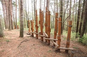 複数の丸太が縦に並び、上をロープで結び下の方に足が置けるような木が横並びに設置されたアスレチックの写真