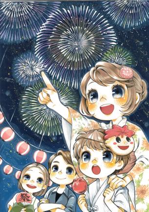 夜空に上がる花火を浴衣を着た親子や、うちわを持った方が見上げているポスター