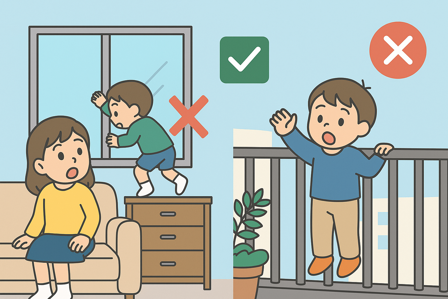 母親がソファにすわり隣の棚に子どもが乗り窓を開けようとしている絵と子どもがベランダの手するに上っている絵