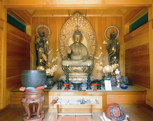 両側に2体の脇侍菩薩立像を従えた中央に、舟形光の光背を背負い、右手が摂取不捨印、左手で来迎印のポーズをとり台座に座っている国重要文化財の無量寺阿弥陀如来座像の写真