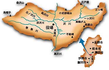 長野県の地図のイラストに箕輪町の場所が赤く記され、その場所から矢印が伸び、箕輪町地図が拡大されている画像