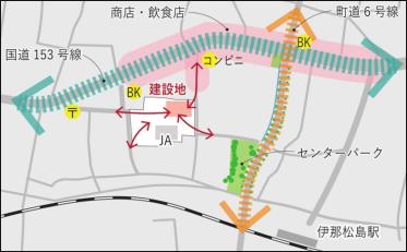 主要道路が緑色とオレンジ色の矢印で表示された建設予定地周辺の地図