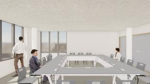 長机がロの字に設置された2階会議室の建物内観イメージイラスト