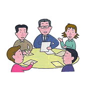 医療、福祉、保健の専門家が集まって話し合いをしているイラスト