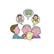 ケアプランについて相談している高齢夫婦と職員のイラスト