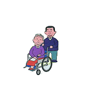 車椅子に乗っている高齢者と後ろから押している男性のイラスト