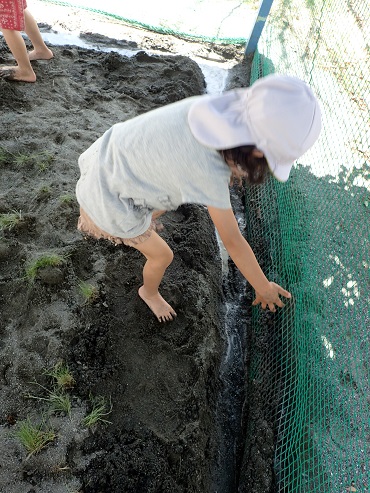上古田保育園：砂場で水遊び