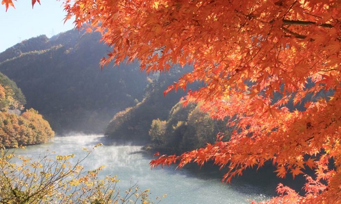 山脈を背景にもみじ湖が広がり、赤く染まった紅葉が写っている写真