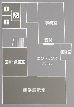 1階のフロアマップ。入口を入って左側にはエントランスホール、その左奥には民俗展示室がある。入口の右側には事務室、その奥にはトイレが配置されている。入口からやや右斜めにまっすぐ進むと2階への階段がある