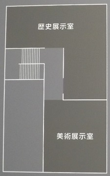 2階フロアマップ。階段を上ると左側に歴史展示室、右側に美術展示室がある