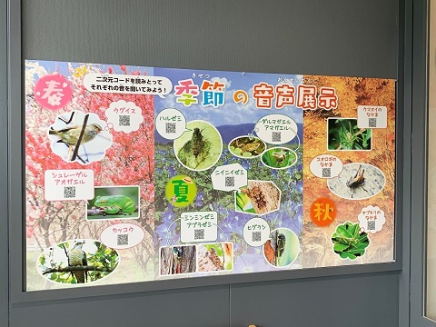 壁に春から秋の景色と虫や鳥の写真と二次元コードが表示されている季節の音声展示のコーナーの写真